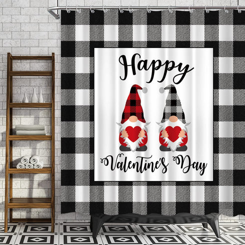 Valentines Day Gnomes Shower Curtain Buffalo Plaid on Black White Grey Farmhouse Check Background Happy Valentines Day Fabric Shower Curtains for Bathroom Waterproof, 72" x 72"