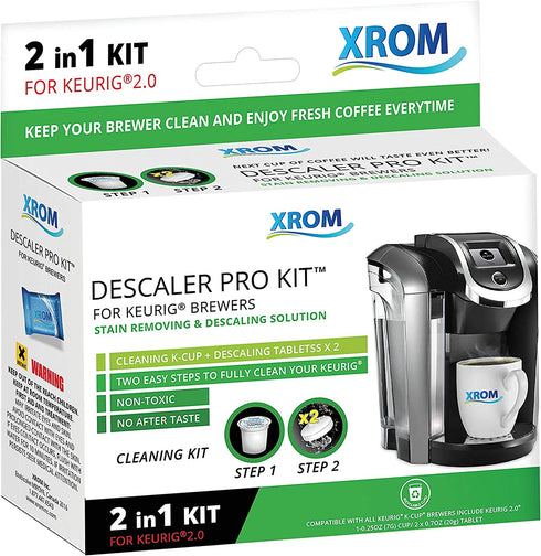 XROM Descaling and Cleaning Kit Compatible With All K-Cup Keurig 2.0 Brewers, All Natural Ingredients, Full Cycle Cleaning And Descaler Solution For Keurig Coffee Makers