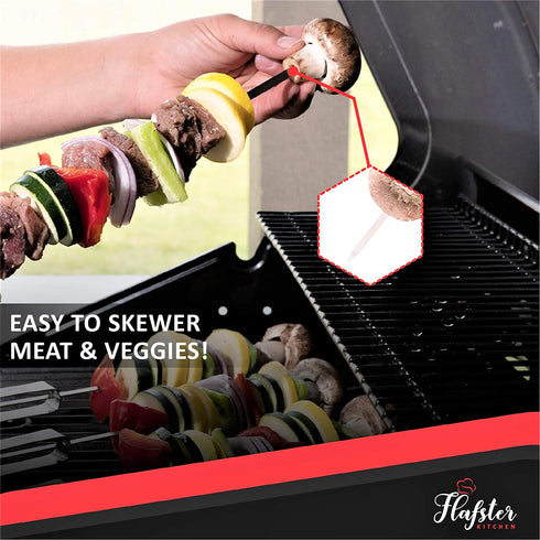 FLAFSTER KITCHEN Skewers for Grilling- 16" Long Flat BBQ Skewers with Push Bar- Shish Kabob Skewers - Stainless Steel Skewer Sticks for Camping - Wide Reusable Sword Skewers - 8 Pack with Storage Bag