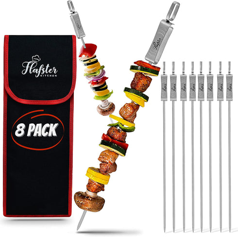 FLAFSTER KITCHEN Skewers for Grilling- 16" Long Flat BBQ Skewers with Push Bar- Shish Kabob Skewers - Stainless Steel Skewer Sticks for Camping - Wide Reusable Sword Skewers - 8 Pack with Storage Bag