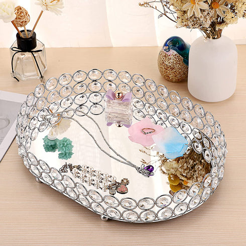 Hipiwe Crystal Vanity Tray Mirrored Dresser Perfume Trays for Makeup Tray Cosmetic Skin Care Storage, Jewelry Trinket Organizer Tray for Bathroom Countertop Home Decor (Medium, Silver)