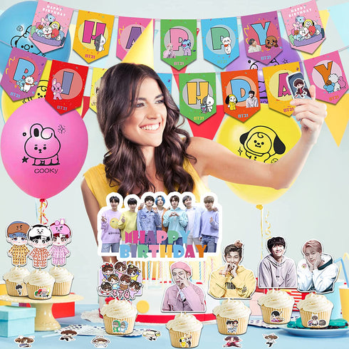100 Pcs BT21 Birthday Party Supplies, Birthday Supplies for Bangtan Boys Fans Include Happy Birthday Banner, Cake Cupcake Toppers, Balloons And Stickers For Boys Girls Party Favors