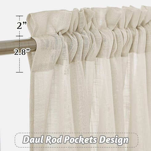 RYB HOME Living Room Sheer Curtains - Solid Linen Semi Sheer Panels Window Decorating Drapes, Rod Pocket Privacy Sheer for Kids Bedroom Playroom Cabin, Warm Beige, W 52 x L 72 inches, Set of 2