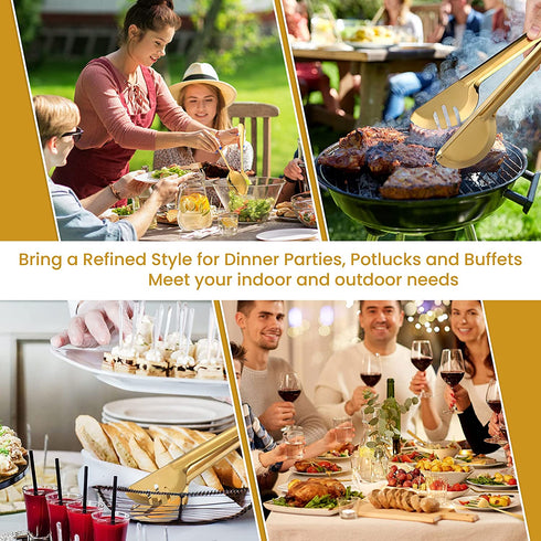 Stainless Steel Serving Utensils Large Serving Spoon Set of 9.45 Inch Metal Tongs 9 Inch Serving Forks 8.7 Inch Slotted Spoons 8.7 Inch Serving Spoons for Kitchen Party Supply (Gold,8 Pieces)