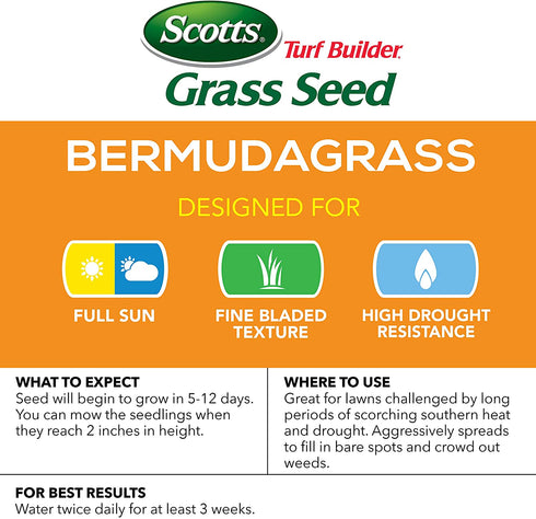 Scotts Turf Builder Grass Seed Bermudagrass - 1 lb., Use in Full Sun, High Drought Resistance, Seed New Lawn or Overseed Existing Lawn, Seeds up to 1,000 sq. ft.