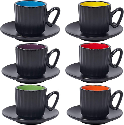 4 Ounce Espresso Set of 6 Cups with Saucers by Bruntmor - Demitasse Cups, Perfect for Espresso, Cappuccino, Coffee Latte (Matte Black)