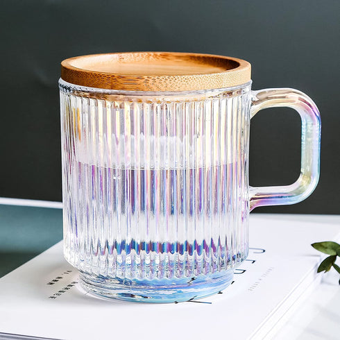 Glass Mugs, Iridescent Glass Coffee Mug with Lid, Glass Coffee Cups, Extra Large Glass Coffee Mug with lids, Clear Mugs for Coffee,12.5 Ounces, Bamboo Lid
