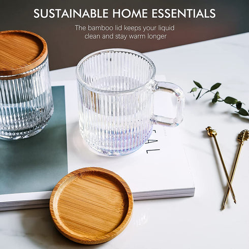 Glass Mugs, Iridescent Glass Coffee Mug with Lid, Glass Coffee Cups, Extra Large Glass Coffee Mug with lids, Clear Mugs for Coffee,12.5 Ounces, Bamboo Lid