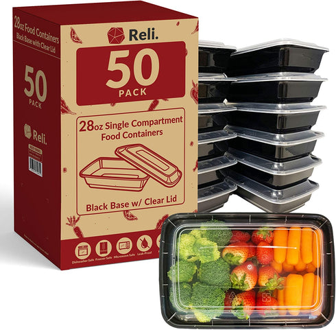 Reli. Meal Prep Containers, 28 oz. (50 Pack) - 1 Compartment Food Containers with Lids, Microwavable Food Storage Containers - Black Reusable Bento Box/Lunch Box Containers for Meal Prep (Black)(28oz)