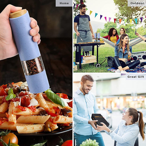 Electric Salt and Pepper Grinder Set, Battery Powered Automatic Gravity Peper Mill, Electronic Refillable Adjustable Coarseness Spice Shaker with Lid Stand Holder, Pack of 2 Blue