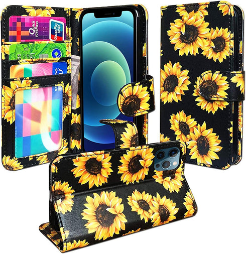 J.west Sunflower Wallet Case Compatible with iPhone 12 Pro Max 6.7", Yellow Vintage Floral Magnetic Leather Stand Wrist Strap 4 Card Holder ID Slots Pocket Flip Phone Case Cover for Women Girls
