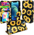 J.west Sunflower Wallet Case Compatible with iPhone 12 Pro Max 6.7", Yellow Vintage Floral Magnetic Leather Stand Wrist Strap 4 Card Holder ID Slots Pocket Flip Phone Case Cover for Women Girls