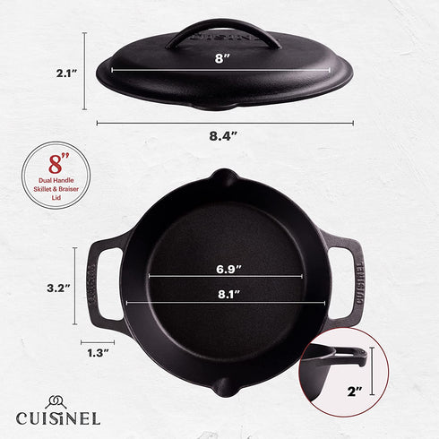 Cast Iron Skillet with Cast Iron Lid - 8"-Inch Dual Handle Frying Pan + Pan Scraper + Silicone Handle Holder Covers - Pre-Seasoned Oven Safe Cookware - Indoor/Outdoor, Grill, Stovetop, Induction Safe