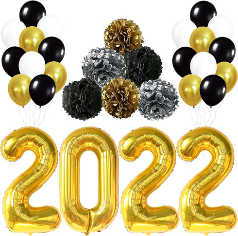 Giant Gold 2022 Balloons Numbers - Large 40 Inch, Graduation Balloons 2022 Foil with Pompoms | Black and Gold Graduation Decorations | Graduation Party Decorations 2022 | Class of 2022 Decorations
