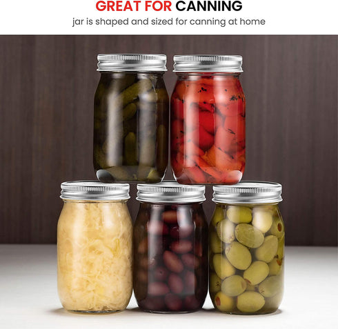 Glass Regular Mouth Mason Jars, (12 Pack) Glass Jars with Silver Metal Airtight 1 Piece Lids for Meal Prep, Food Storage, Canning, Drinking, Overnight Oats, Jelly, Dry Food, Salads, Yogurt (16 Ounce)