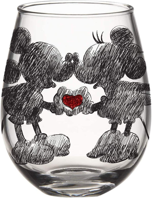 Silver Buffalo Disney Mickey and Minnie Classic Heart Glitter Stemless Glass, 20-Ounce