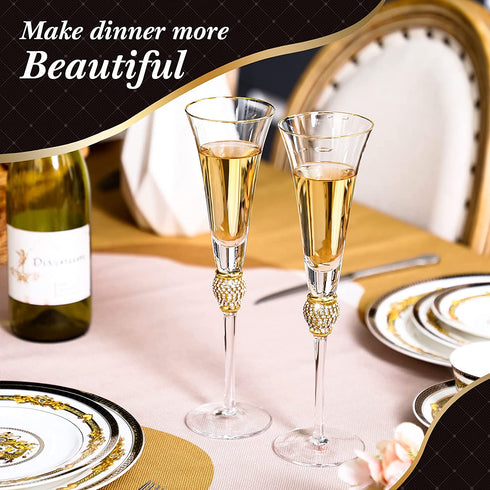2 Pieces Rhinestone Champagne Flutes Wedding Toasting Glasses 7 Oz Rim Diamond Wine Glasses Long Stem Glassware for Wedding, Parties, Anniversary Supplies (Gold)