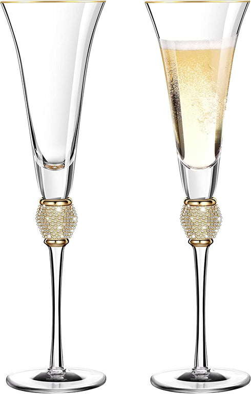 2 Pieces Rhinestone Champagne Flutes Wedding Toasting Glasses 7 Oz Rim Diamond Wine Glasses Long Stem Glassware for Wedding, Parties, Anniversary Supplies (Gold)