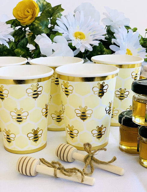 Bumble Bee Tableware Party Decorations | Paper Plates, Napkins, Beverage Cups | Baby Shower Gender Reveal Neutral Supplies, Birthdays and Weddings, Honeycomb, Yellow Floral, Gold Foil, Serves 16