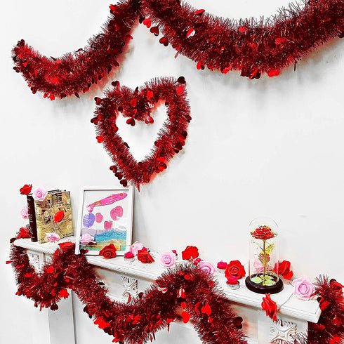 Valentines Day Red Heart Tinsel Garland, 39.3 ft Valentines Decor, Red Shiny Garland, Hanging Metallic Tinsel Ornaments, Valentines Day Decorations for Tree Wreath Wedding Party Decoration Supplies