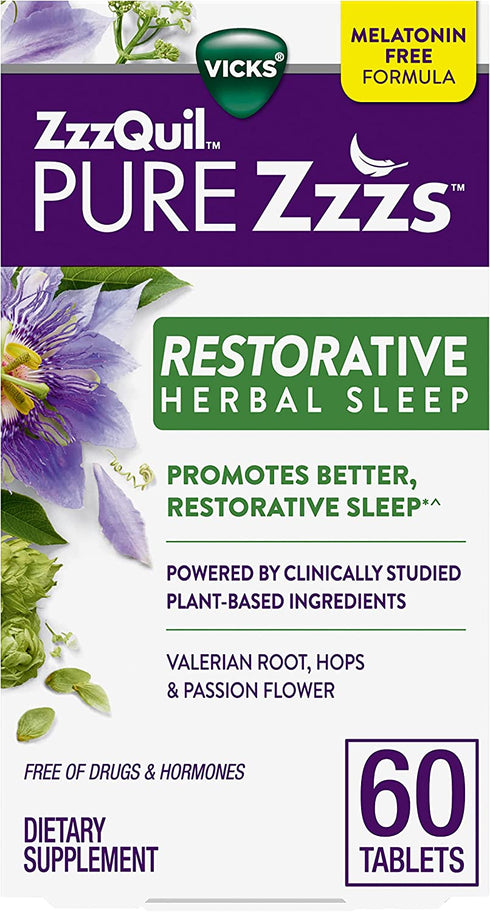 ZzzQuil Pure Zzzs Restorative Herbal Sleep, Tablets, Free of Drugs and Hormones, Melatonin-Free Formula, Valerian Root, Hops, Passion Flower, Sleep Aids for Adults, 60 Count