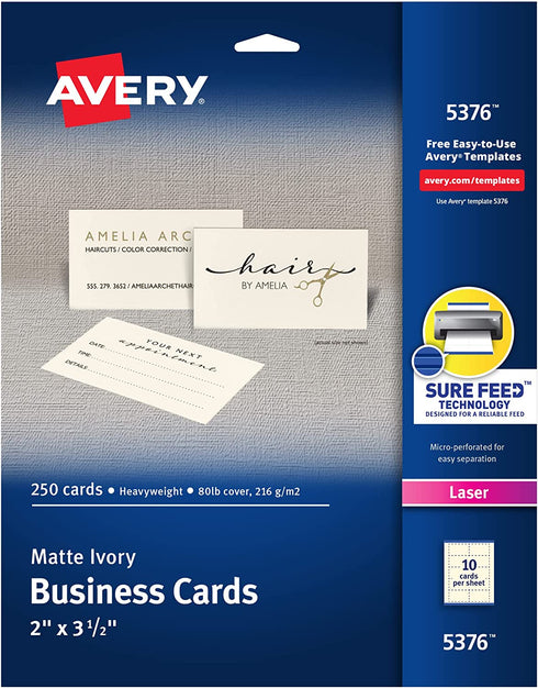 Avery Business Cards for Laser Printers 5376, Ivory, Uncoated, Pack of 250