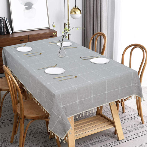 Cotton Linen Tablecloth, Lattice Embroidery Table Cloth, Farmhouse Checkered Fringed Tassel Tablecloths, Wrinkle Free Table Cover for Kitchen Dinning Picnic Party, Grey, Rectangle 54 x 120 inch