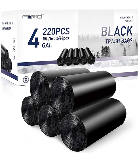 4 Gallon Trash Bags Garbage Bags - Forid Small Trash bags Kitchen Trash Bags Black Trash Can Liners for Bathroom Cat Dog Waste 220 Counts Waste-basket Bags