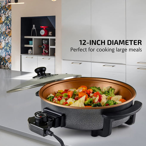 Ovente 12 Inch Electric Kitchen Skillet with Nonstick Aluminum Coated Grill Pan & Glass Lid Cover, Indoor Countertop Cooking Pan with Temperature Control & Handle Compact Easy Clean, Copper SK11112CO