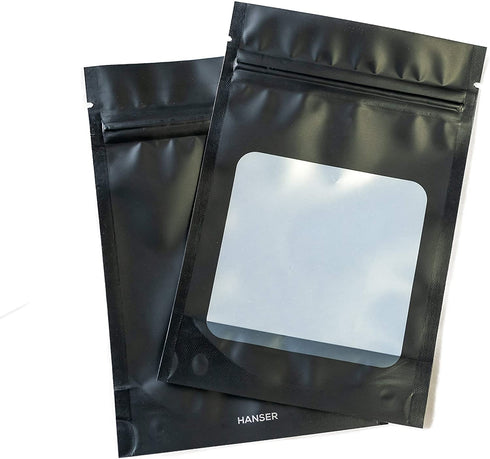 HANSER | Smell Proof Odorless Mylar Resealable Foil Pouch Bags with clear Window | Food Safe | Airtight | matte black | 100 Pieces | 4x6 inches