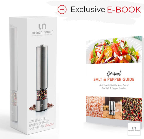 Electric Pepper Grinder or Salt Grinder - Battery Operated Stainless Steel Pepper Mill with Light - One Handed Operation - Adjustable Ceramic Grinder
