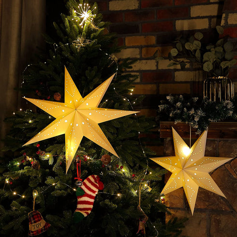 Paper Star Lantern, 8 Mode 50 LEDs Firework Fairy String Lights, Light up Hollow Out Star Hanging Decoration for Indoor Outdoor Room Wedding Christmas Party (Classic Style)