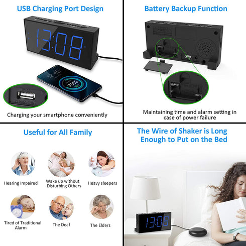 Extra Loud Alarm Clock with Bed Shaker, Vibrating Alarm Clock for Heavy Sleepers Hearing Impaired Deaf Teens, Dual Alarm Clock with 7.5™™ Large Display, USB Charger, Dimmer, Snooze & Battery Backup