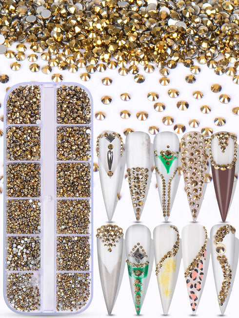 Warmfits 3600pcs Nail Art Rhinestone Crystal Gold Rhinestones Beads Nail Jewels Nail Design Round Flatback Gems Stones Studs 6 Sizes with Box for Nail Design Craft Art Shoes