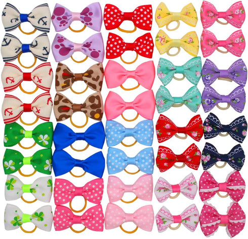 YOY 40 Pcs Adorable Grosgrain Ribbon Pet Dog Hair Bows with Elastics Ties - Stretchy Rubber Bands Doggy Kitty Topknot Grooming Accessories Set for Long Hair Puppy Cat