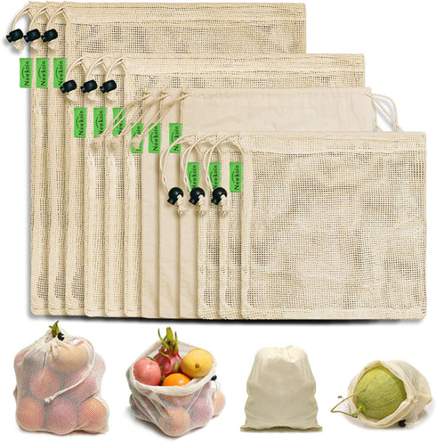 Reusable Cotton Produce Bags-Durable Organic Cotton Mesh Produce Bags ECO-Friendly Grocery Bags with Tare weight 4 Sizes 12 Packs Lightweight Machine Washable Vegetable Bags with Organizing Drawstring