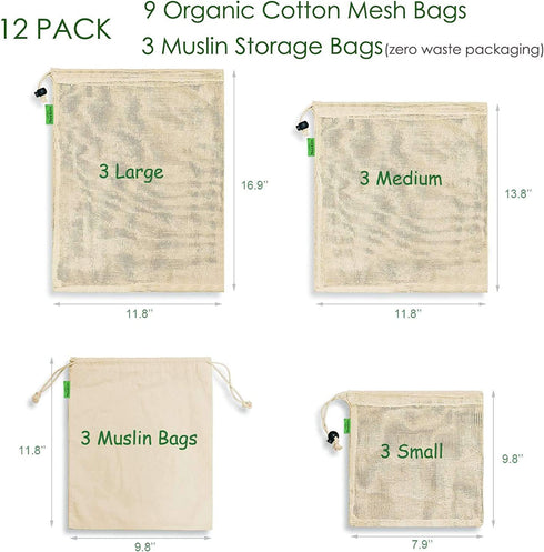 Reusable Cotton Produce Bags-Durable Organic Cotton Mesh Produce Bags ECO-Friendly Grocery Bags with Tare weight 4 Sizes 12 Packs Lightweight Machine Washable Vegetable Bags with Organizing Drawstring