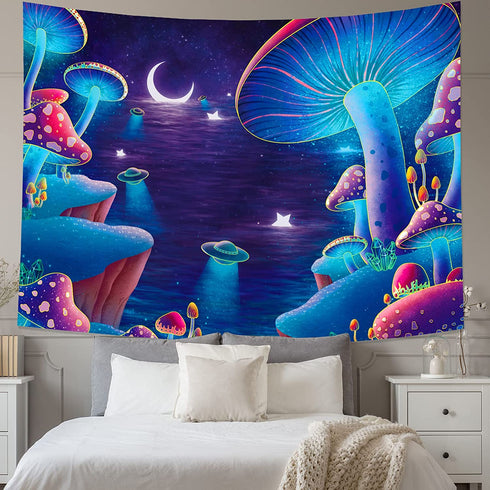 Obsecolors Trippy Mushroom Tapestry Moon and Star Wall Tapestry Galaxy Tapestry Starry Sky Tapestry UFO Tapestry Wall Hanging for Living Room Bedroom