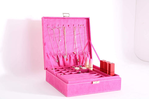 PENGKE 2 Layer Jewelry Box for Women 36 grid necklace or jewelry holder organizer with lock,Rose Red Pack of 1