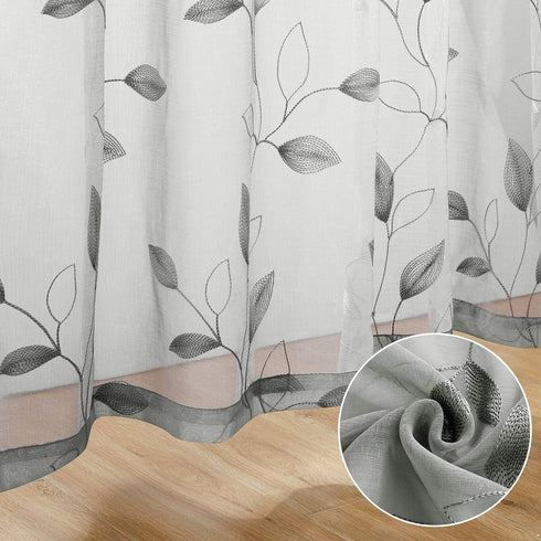 HOMEIDEAS Light Grey/Gray Sheer Curtains 52 X 96 Inches Long 2 Panels Embroidered Leaf Pattern Pocket Faux Linen Floral Semi Sheer Voile Window Curtains/Drapes for Bedroom Living Room