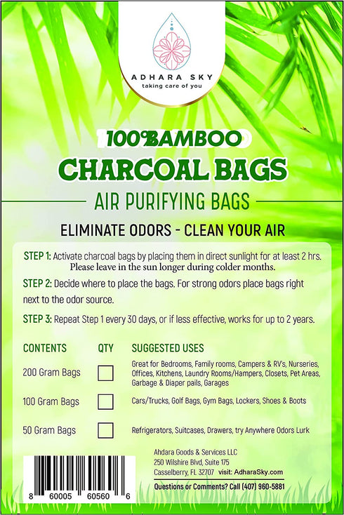 Adhara Sky 12 Pack Bamboo Charcoal Air Purifying Bag, Activated charcoal Bags Odor Absorber, Odor Eliminator for Home, Car, Office, Closet & House Deodorizer (6X200g,2X100g,4X50g,6 Hooks & Strings)