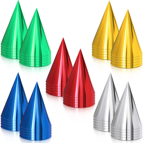 50 Pieces Cone Party Hats Metallic Foil Cone Hats Colorful Party Cone Hats Birthday Paper Hats for Birthday Parties, Gold, Silver, Red, Green, Blue