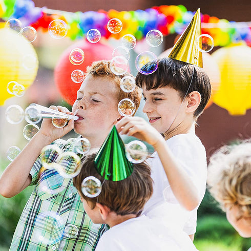 50 Pieces Cone Party Hats Metallic Foil Cone Hats Colorful Party Cone Hats Birthday Paper Hats for Birthday Parties, Gold, Silver, Red, Green, Blue