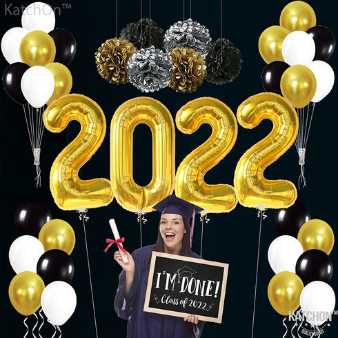 Giant Gold 2022 Balloons Numbers - Large 40 Inch, Graduation Balloons 2022 Foil with Pompoms | Black and Gold Graduation Decorations | Graduation Party Decorations 2022 | Class of 2022 Decorations