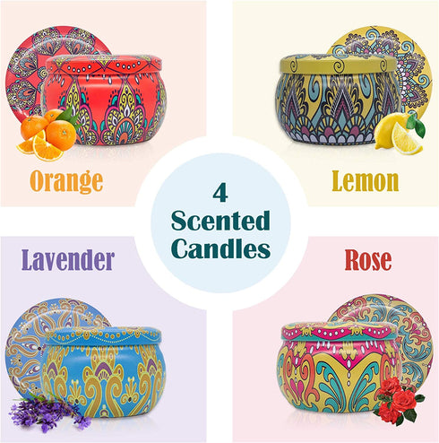 Orentas, Scented Candles Gift Set, Pure Natural Soybean for Aromatherapy Wax ,Travel Tin Candles for Home Meditation, Mother's Day Gift or Birthday Gifts 4 Packs, 4.4oz (Lemon/Rose/Orange/Lavender)