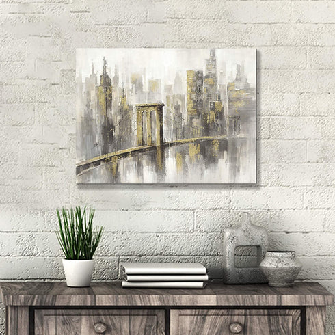 ARTISTIC PATH Modern City Canvas Wall Art: Abstract Cityscape Artwork Industrial Style Bridge Painting Prints for Bedroom (16" W x 12" H, Multi-Sized)