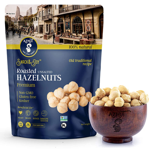 AZNUT Roasted Hazelnuts Natural Non-GMO Certified, Unsalted, Dry Roasted, Kosher Certified, Resealable Bag 6 oz