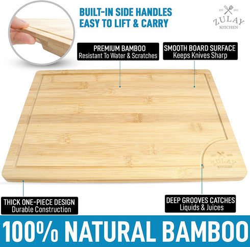 Zulay Kitchen 3-Piece Bamboo Cutting Board With Juice Groove - 100% Thick Wood Cutting Board Set - Large Cutting Board Bamboo With Handle - Wood Cutting Boards For Kitchen