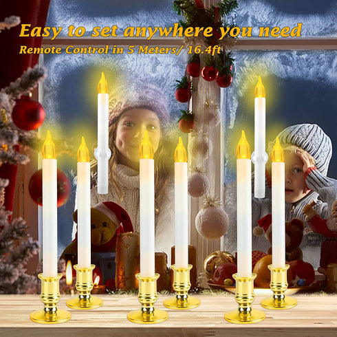Window Candles for Christmas Decorations, Deaunbr Battery Operated 6 Pack LED Lights Electric Taper Flameless Candle with 2 Remote,Timers,6 Holders for Valentine's Day, Home Party Decor - White & Gold