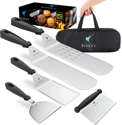 Rivexy Metal Spatula Stainless Steel - 5 Pcs Blackstone Griddle Accessories Kit Including Griddle Scraper - Premium Quality Grill Set for BBQ Accessories - Durable Flat Top Grill Accessories